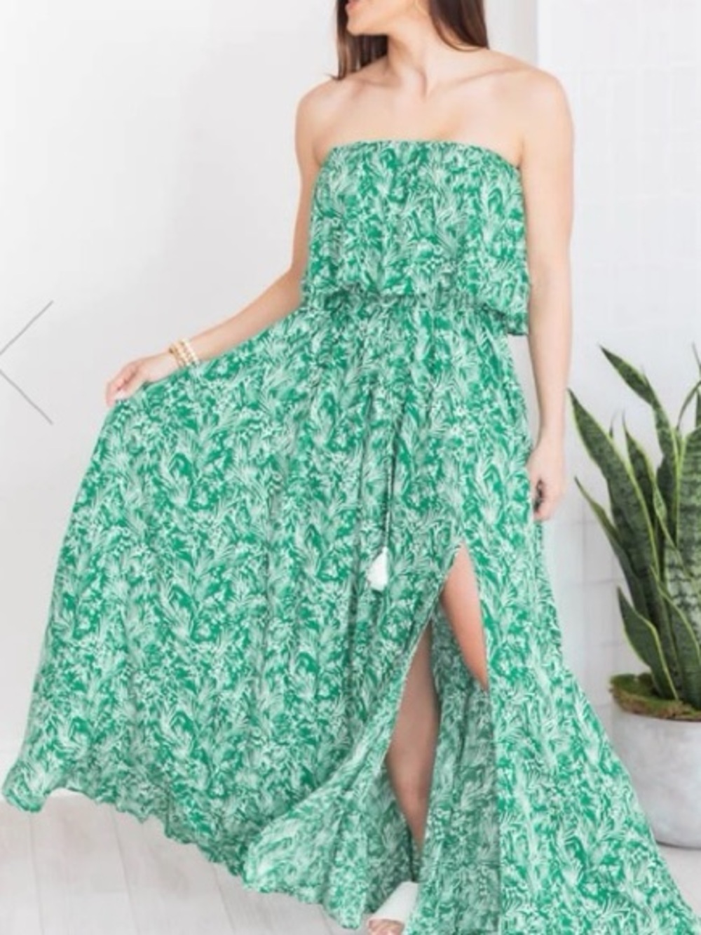 Green Floral Strapless Printed Maxi Dress with Side Slit